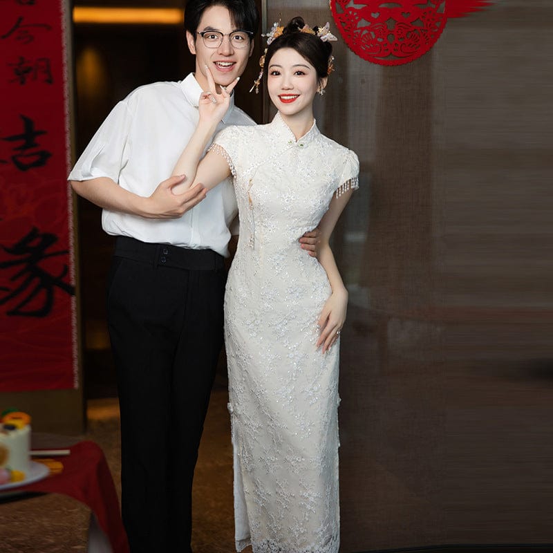 Floral embroidery, wedding white midi Qipao