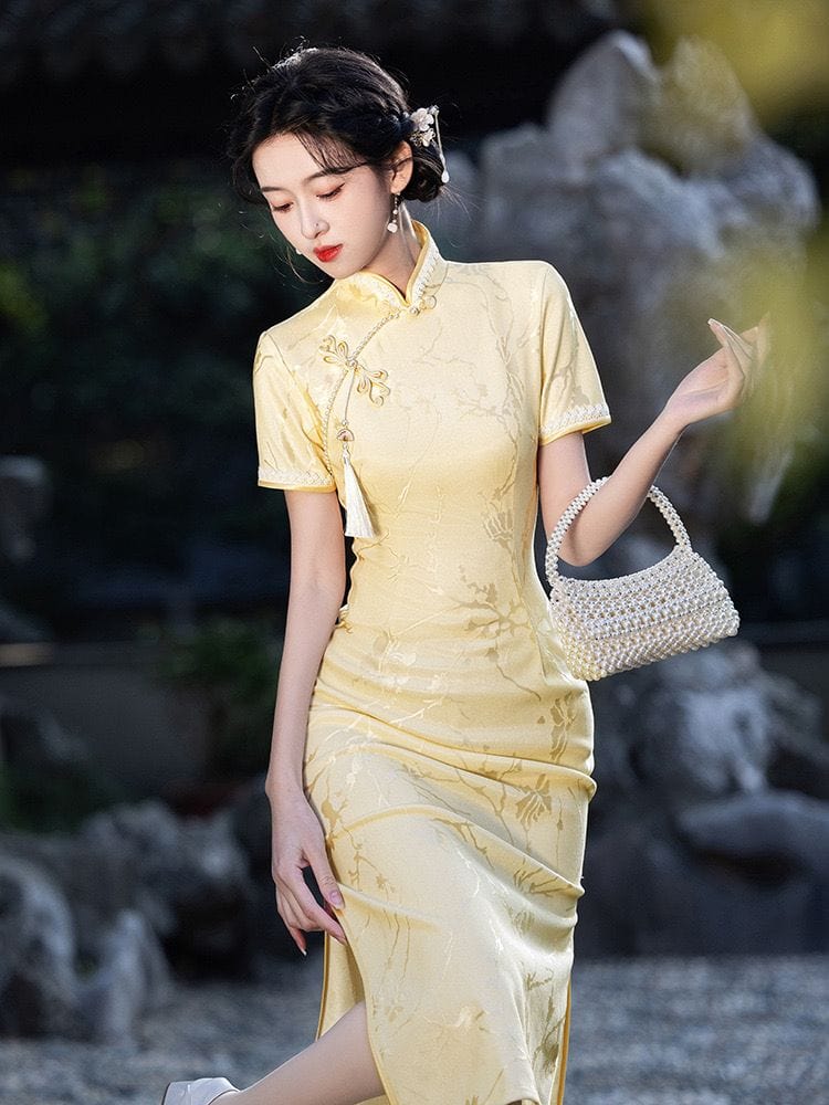 Summer collection, jacquard fabric, yellow midi Cheongsam