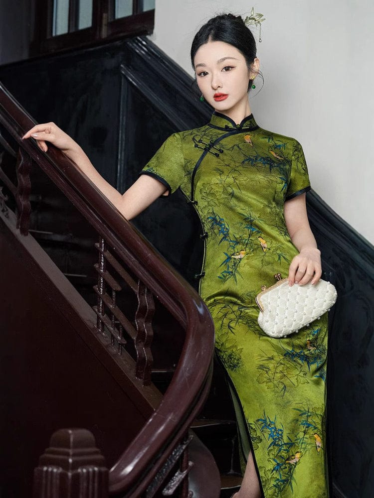 Bamboo pattern, Jacquard silk, green long Cheongsam