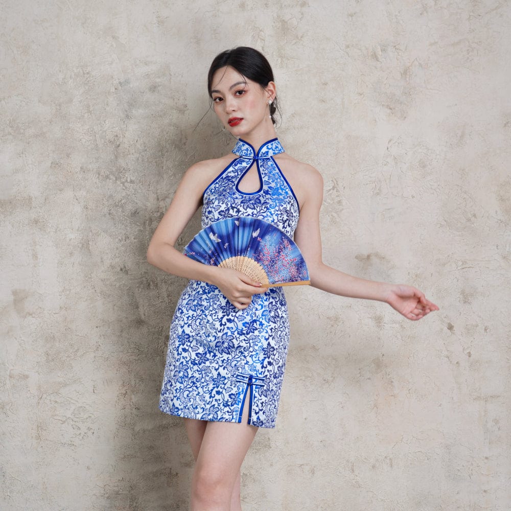 Exclusive designer collection, blue and white porcelain, water-drop collar short Qipao