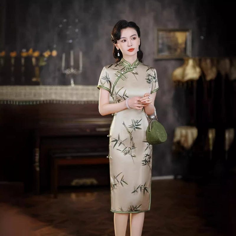 19 mome mulberry silk, high-end bamboo leaf midi Cheongsam