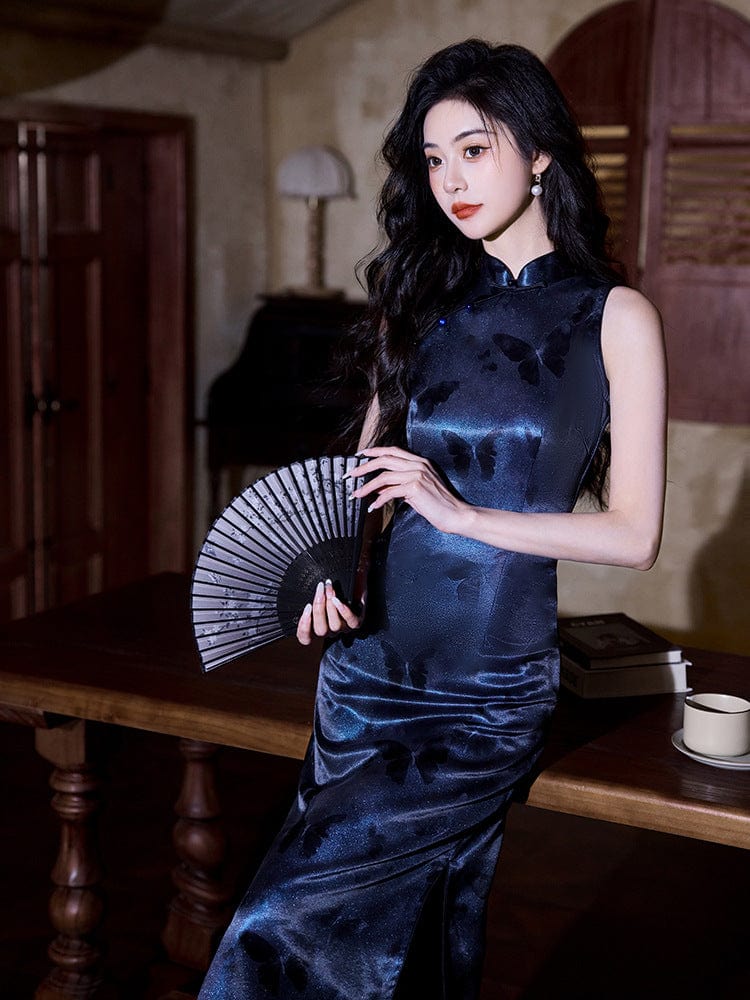 New Chinese style (新中式), butterfly pattern, blue long Cheongsam