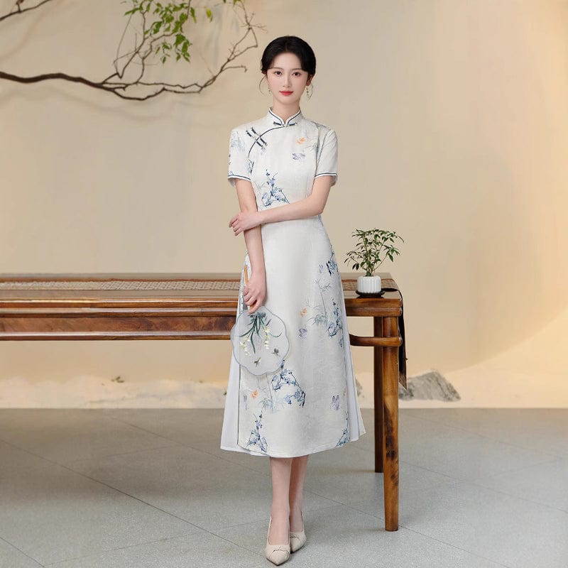 Floral pattern, white midi Ao dai