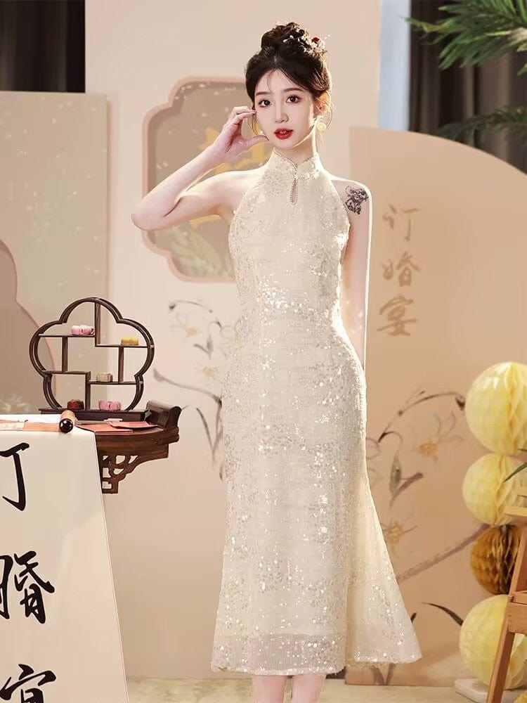 New Chinese style (新中式), Sequins beige midi Cheongsam