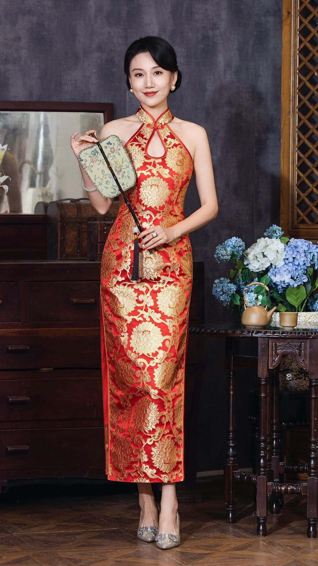 Exclusive designer collection, red and gold water drop collar long Qipao