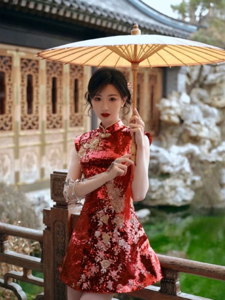 Floral embroidery, Chinese Sequins prom short Cheongsam