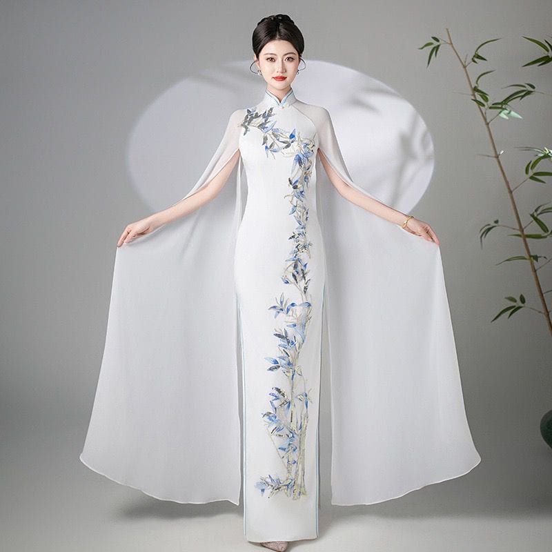 Flying Sleeves, white long Cheongsam for prom