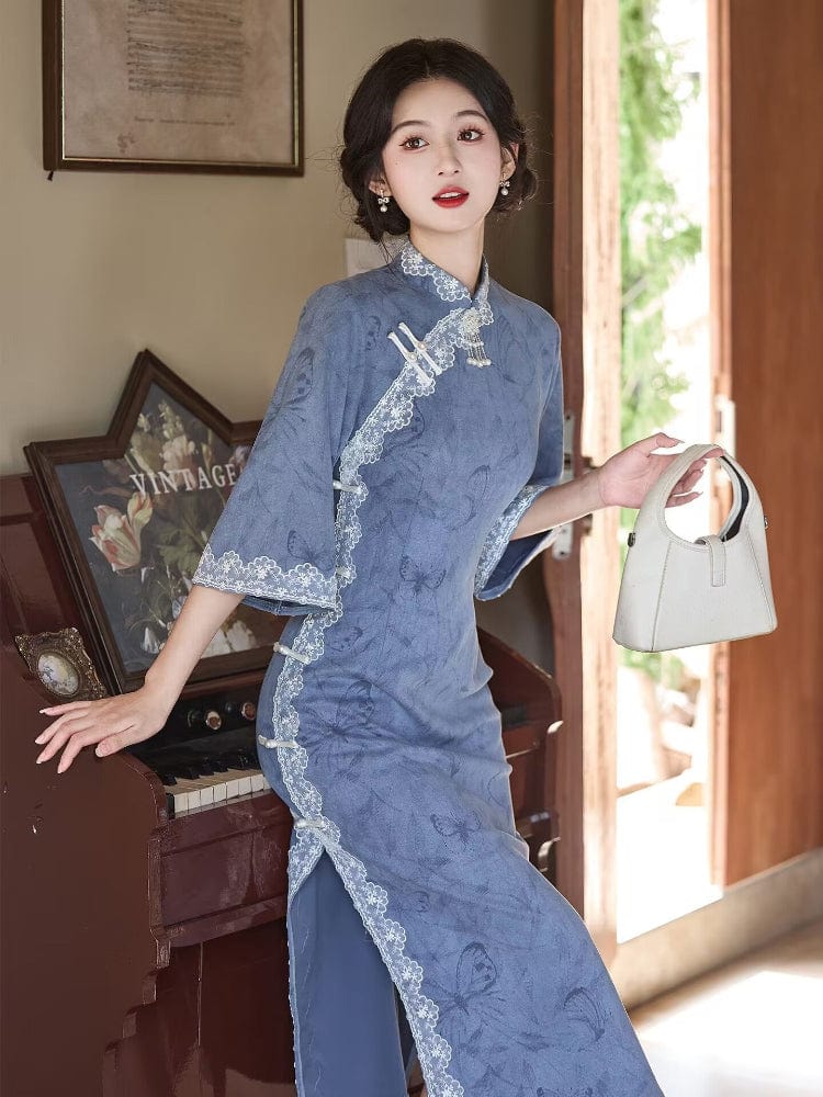 Butterfly pattern, suede fabric, blue midi Cheongsam