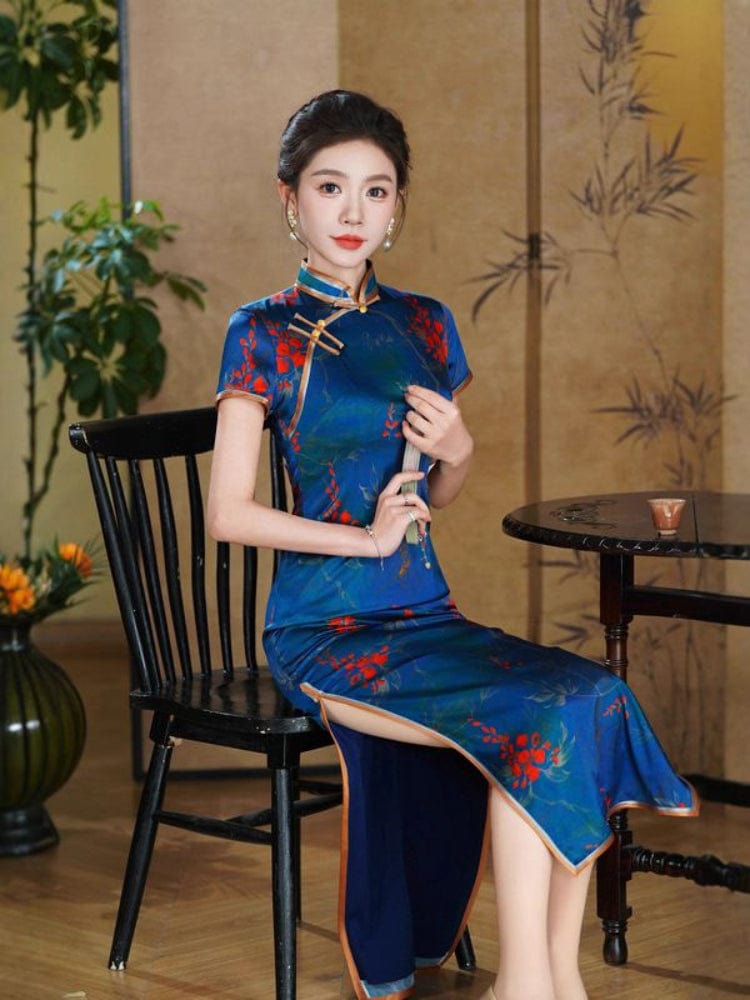 19 mome mulberry silk, high-end blue long Cheongsam