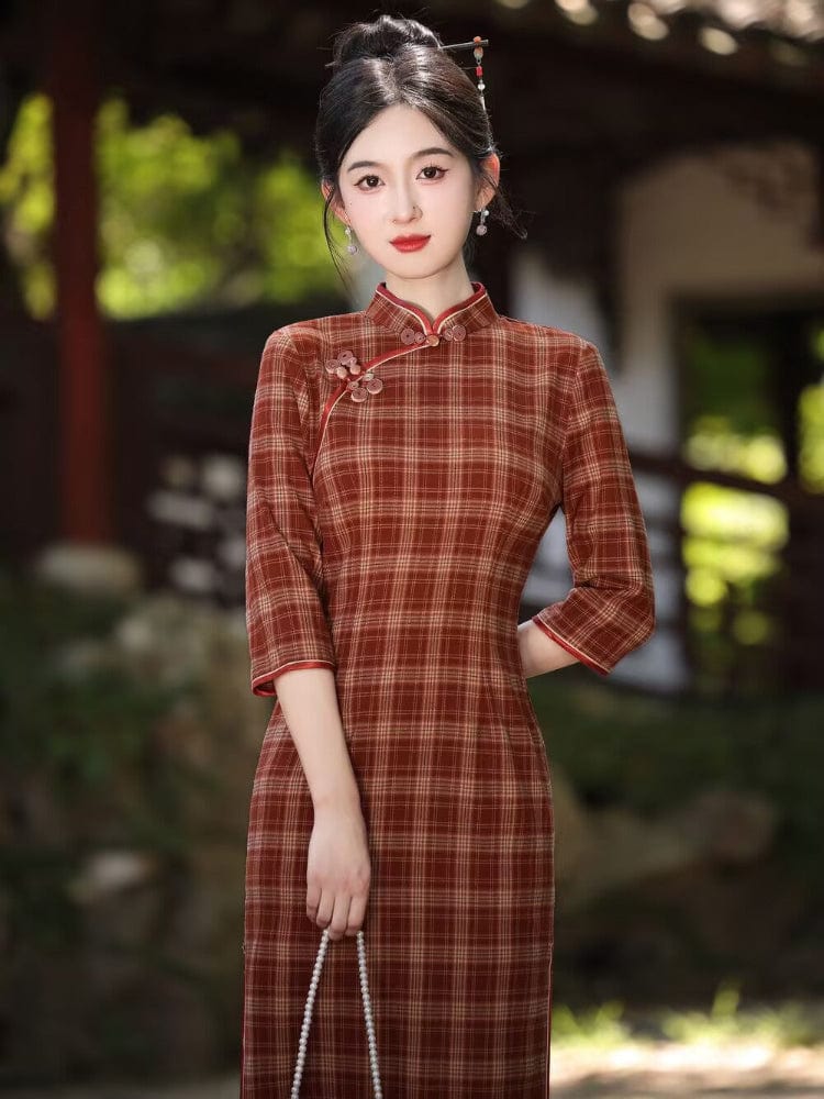 Plaid pattern, daily red&green midi Cheongsam