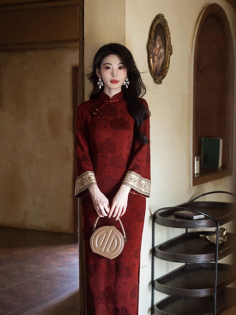 Floral pattern, cotton red long Cheongsam