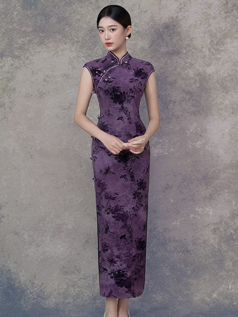 Dragonfly pattern, flocking fabric, purple midi Cheongsam