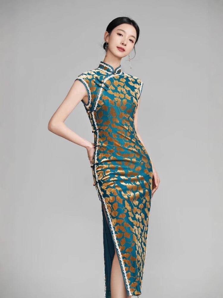 Ginkgo leaf pattern, green long Cheongsam