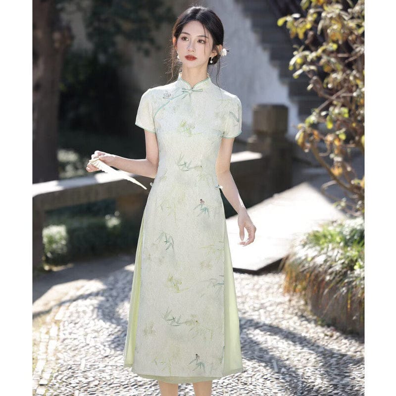 Tencel jacquard fabric, green midi Ao dai, A-Line Cheongsam