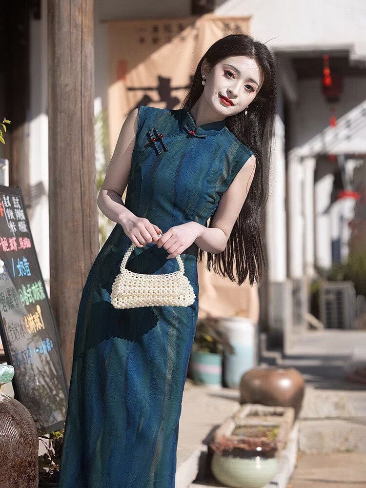 Old Shanghai style, stripe pattern, blue long Cheongsam