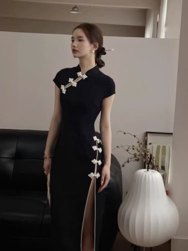 Chinese retro style, black midi Cheongsam with Asymmetric Front Closure
