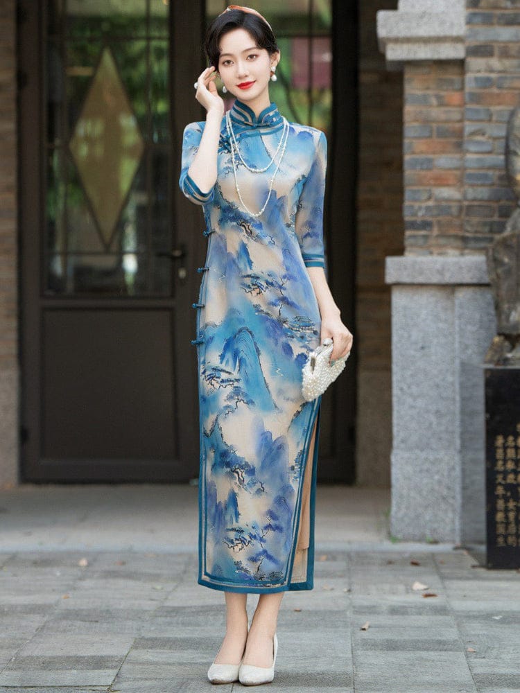 Thousand Miles of Mountains and Rivers pattern, plus size blue long Cheongsam
