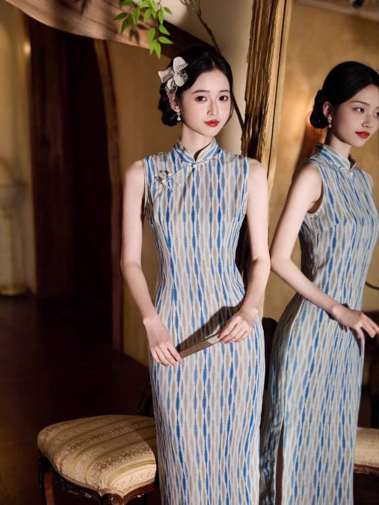 Old Shanghai style, stripe pattern, blue midi Cheongsam
