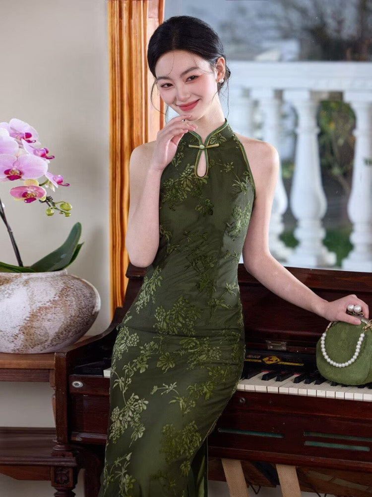 New Chinese style (新中式), floral pattern halter midi Cheongsam