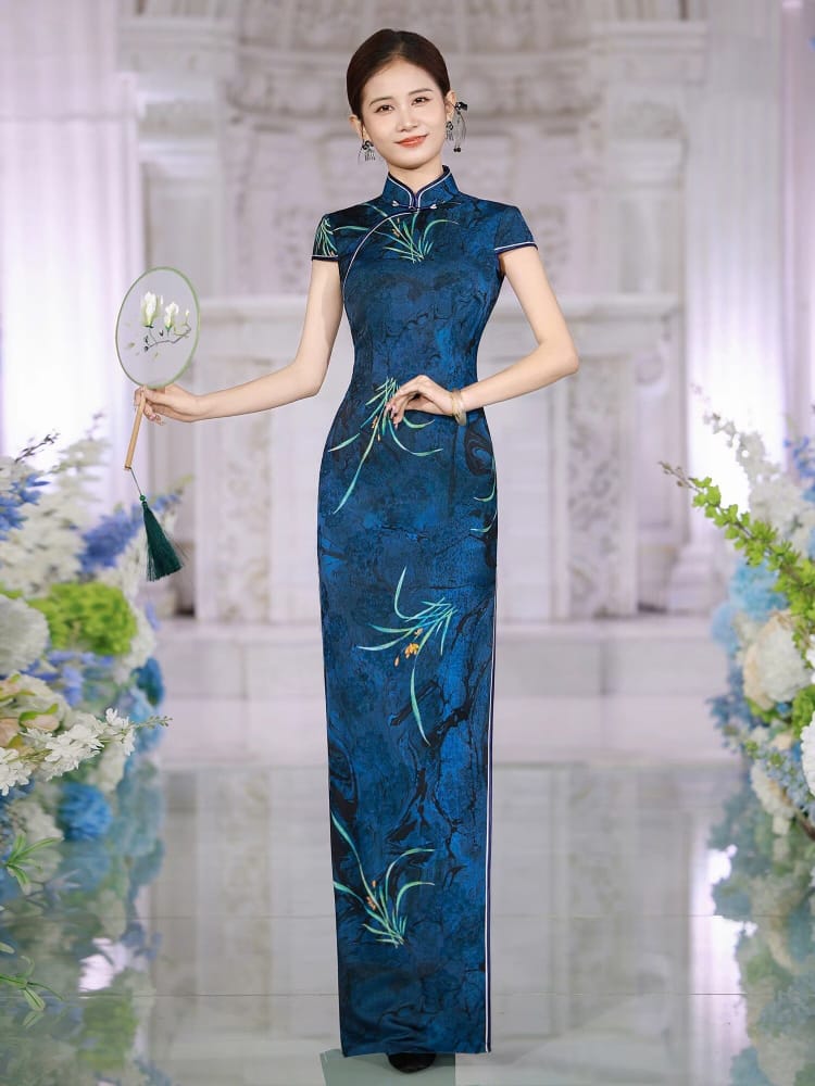 Orchid Pattern blue long Cheongsam