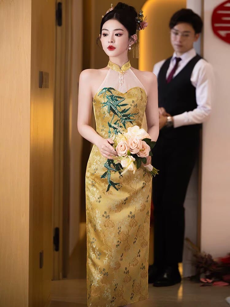 New Chinese style (新中式), halter gold midi Cheongsam