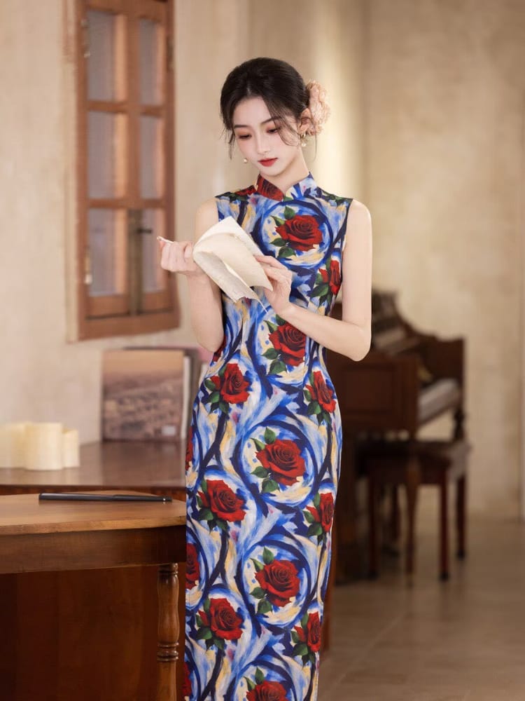 Audra Rose pattern blue midi Cheongsam