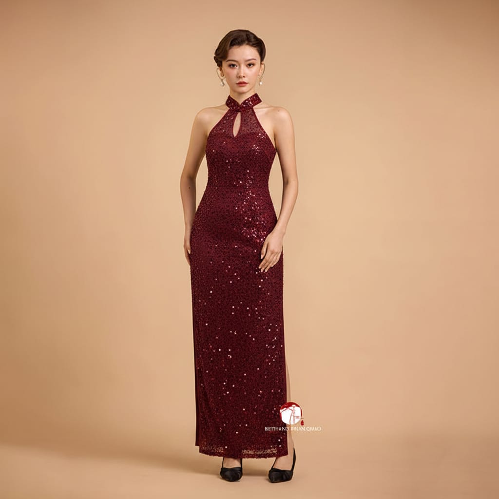 Exclusive designer collection, black sequins long Qipao