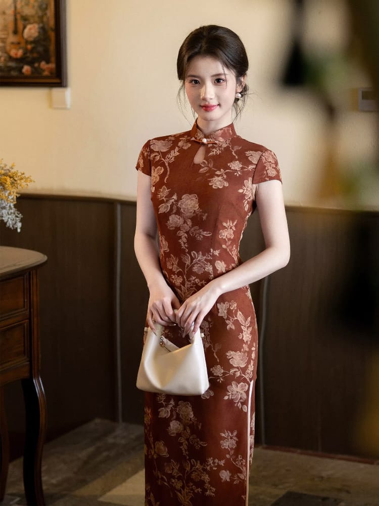 Caramel Reddish Brown Peony Pattern Long Cheongsam