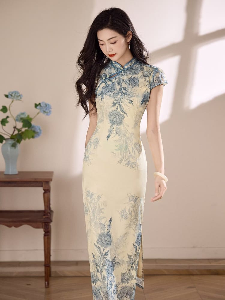 Blue and white porcelain pattern, mesh long Cheongsam