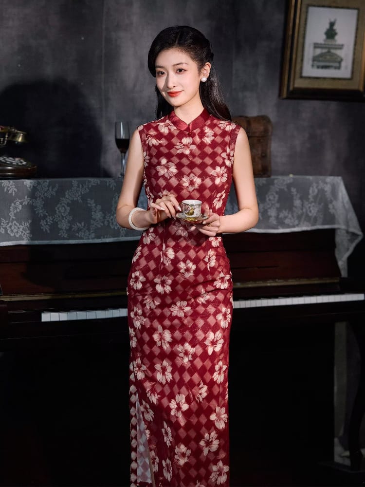 Old Shanghai style, plaid and floral pattern long Cheongsam