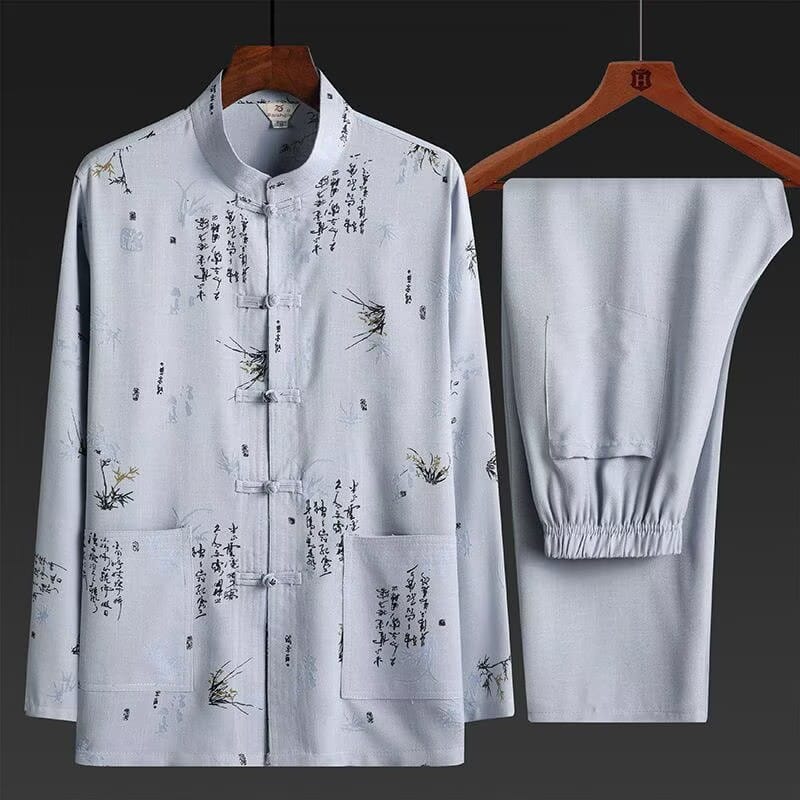 Calligraphy & Bamboo Print Men's Tang Suit Set