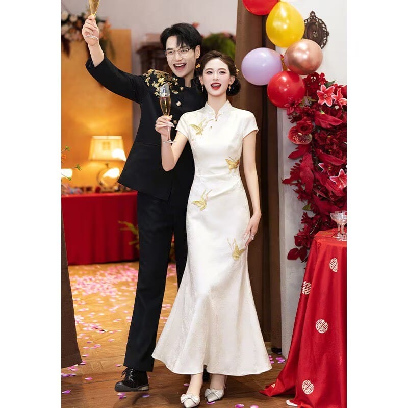 Butterfly embroidery, mermaid champagne long Cheongsam