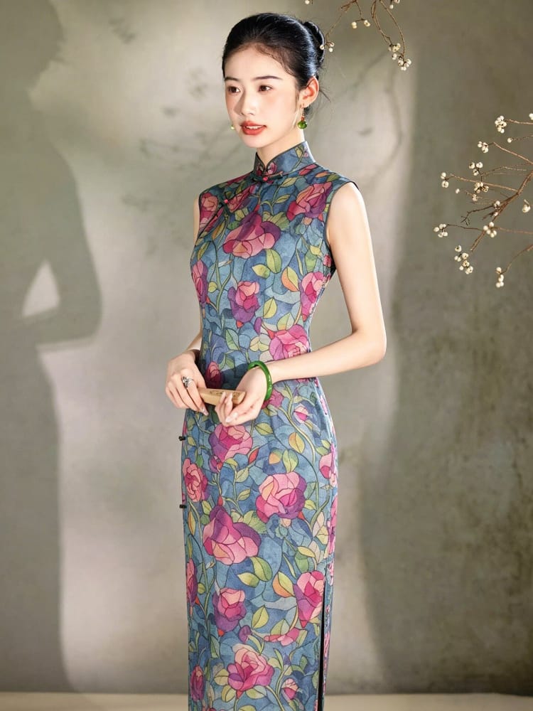 Yuen Vintage Rose Print Qipao - Side Slit Midi Dress