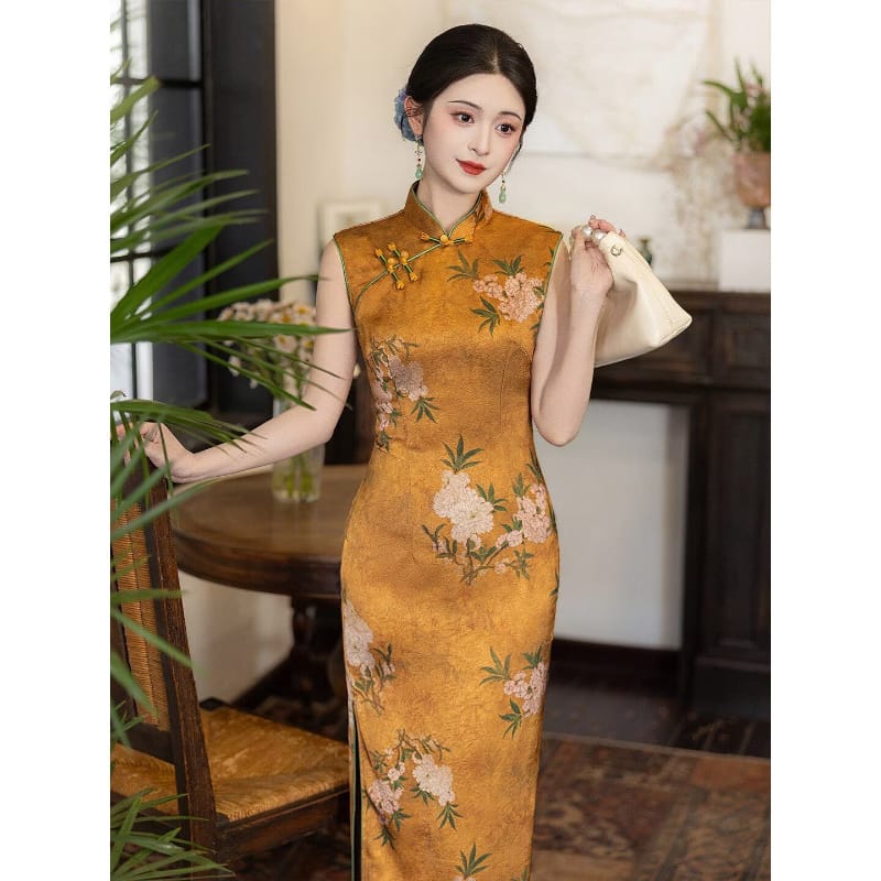 Maria Blossom Print Gold long Cheongsam