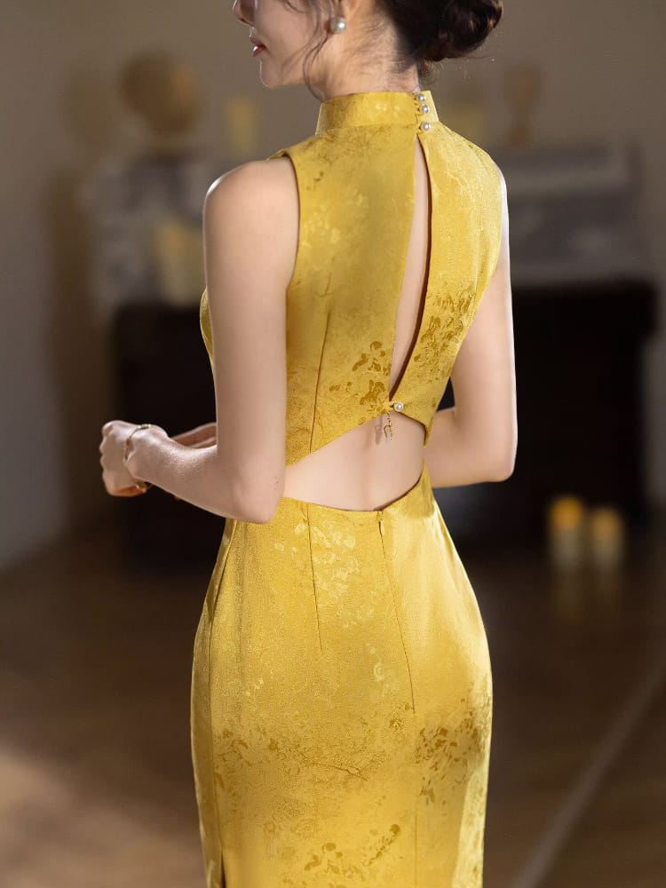 Elena Gold Jacquard Satin Midi Cheongsam