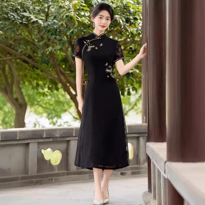 Mia Black Bamboo Embroidery Midi Plus size Ao‑Dai