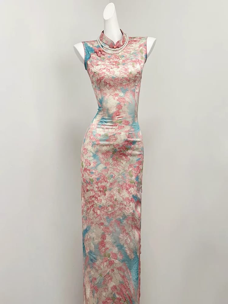 Lily Floral Satin Long Qipao with Lace Tassel Cloud Shoulder Shawl set