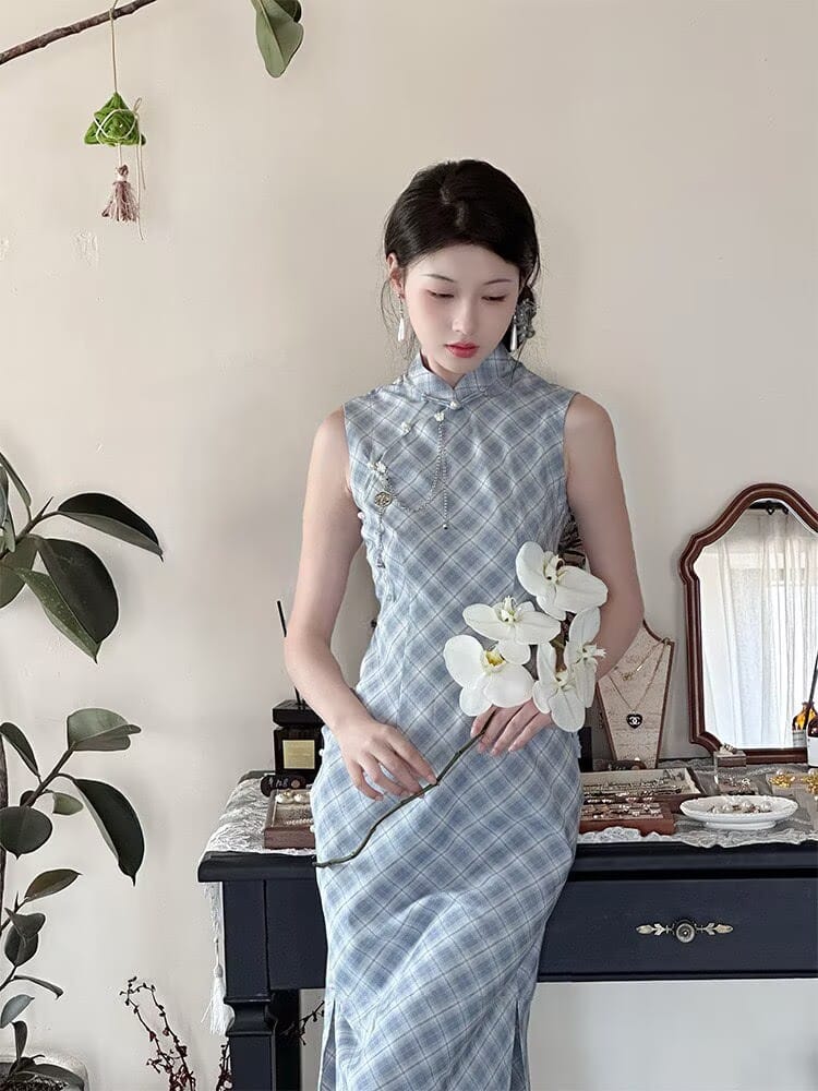 Mina Light Blue Plaid TR Cotton Midi Cheongsam