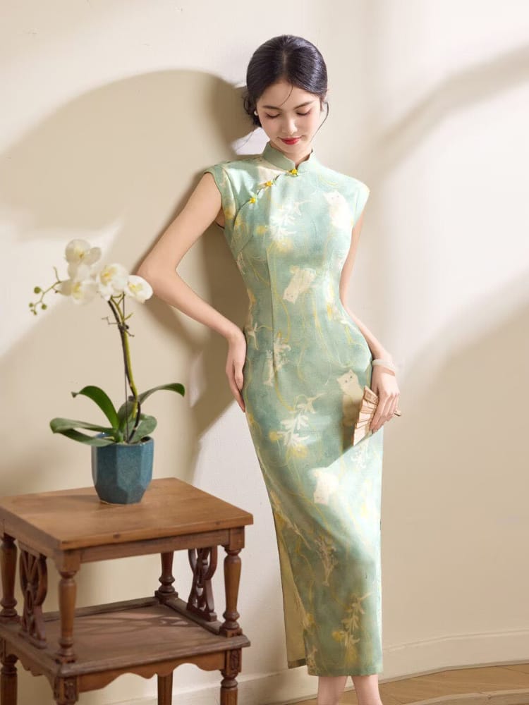 Grace Midi Cheongsam with Cat & Floral Print