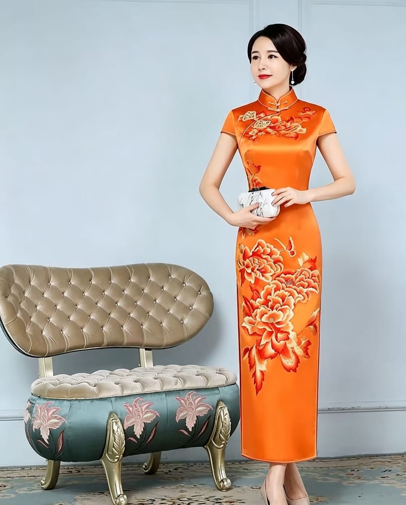 Luxury 30 Momme Mulberry Silk Long Qipao with Hand-Embroidered Peonies