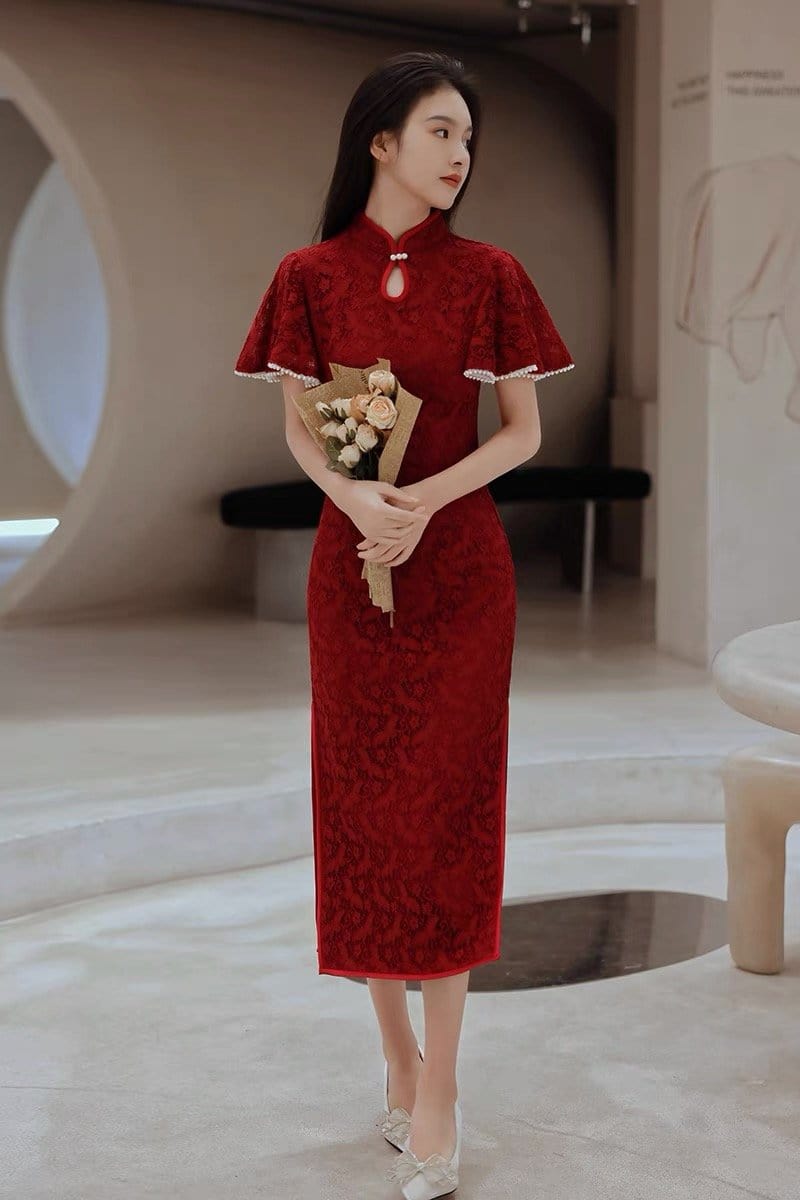 Butterfly pattern, lace mid-length Qipao with lotus leaf sleeves