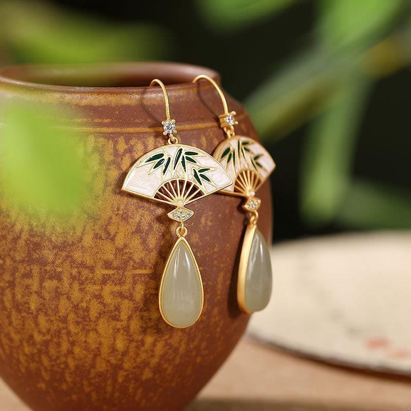 Fan-shaped and Jade drop earrings,Chinese jade drop earrings