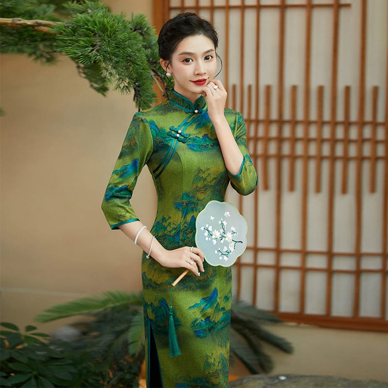 Landscape pattern, green plus size long Qipao