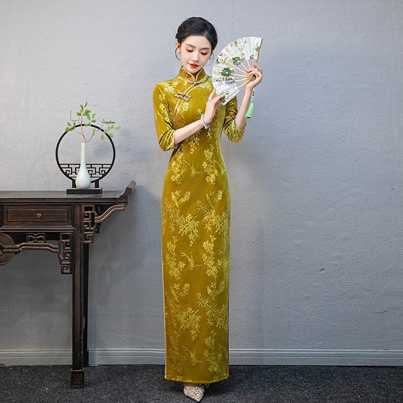 Floral print, plus size, yellow long Cheongsam