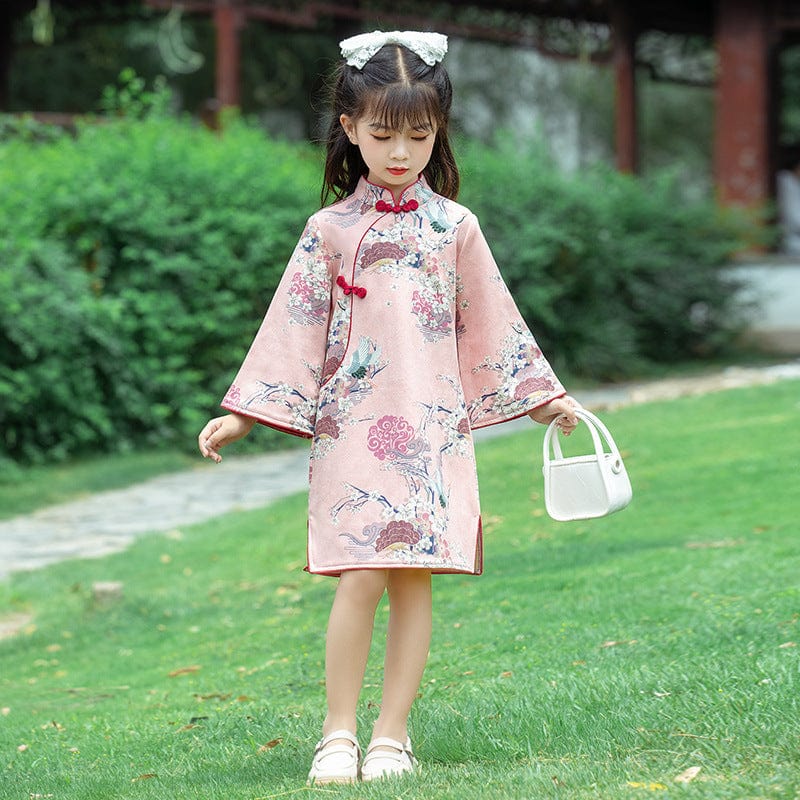 Children Qipao dress, gold fish&crane pattern Qipao dress for little girls