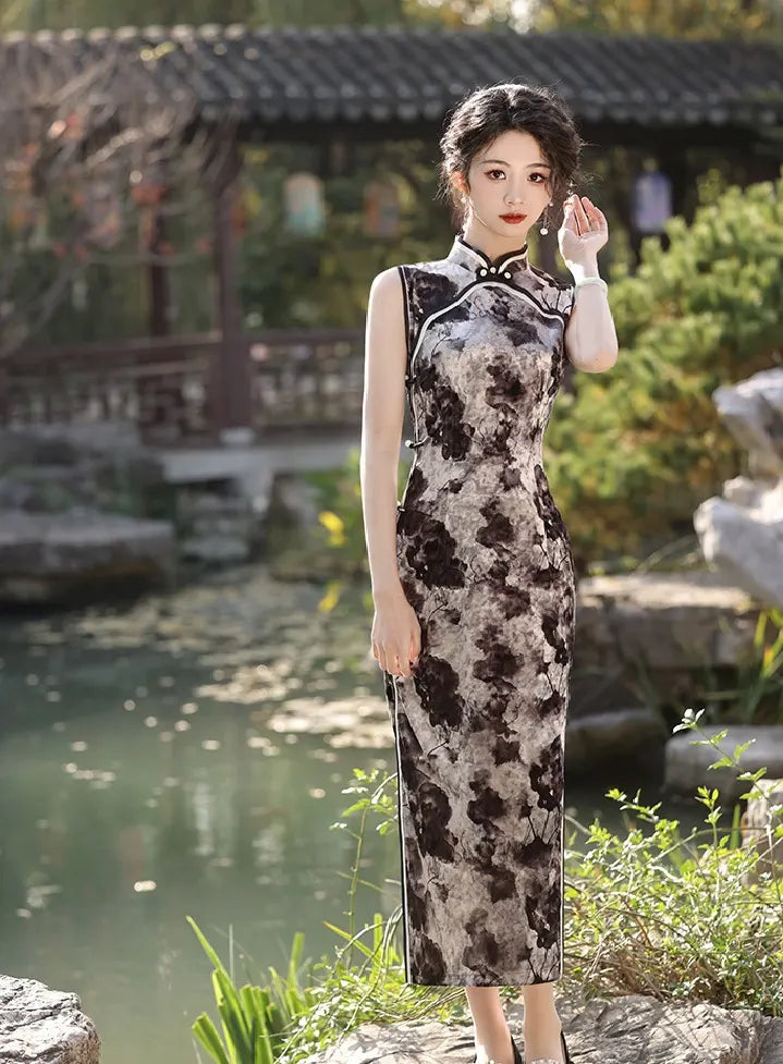 Black/Green Floral Sleeveless Velvet Qipao Dress