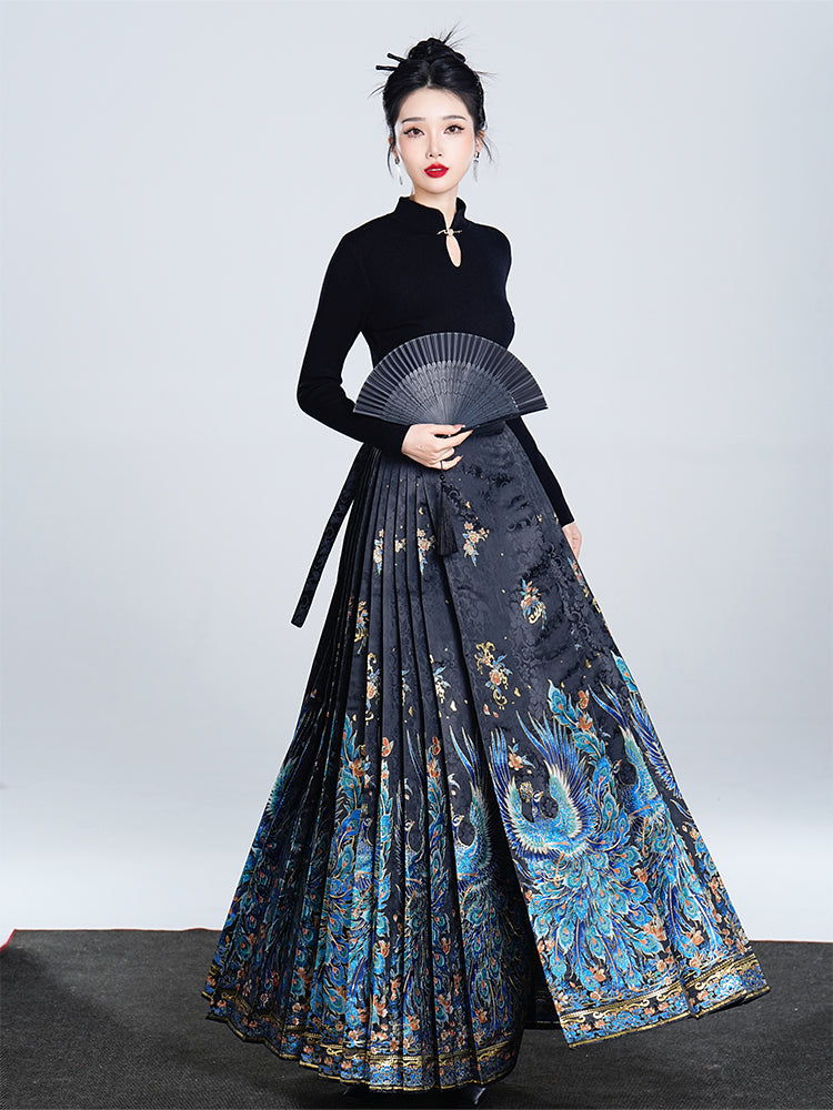 Blue Peacock Brocade Ma Mian Skirt Luxury Hanfu Skirt