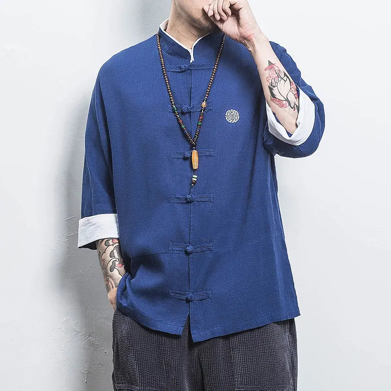 Three-Quarter Sleeve Zen Heritage Linen-Blend Kong Fu Tang Shirt