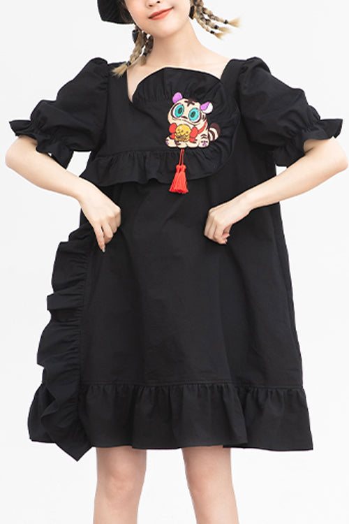 Black Ruffled Square Collar Cute Tiger Embroidered Bubble Short Sleeves High Waisted Sweet Lolita Dress