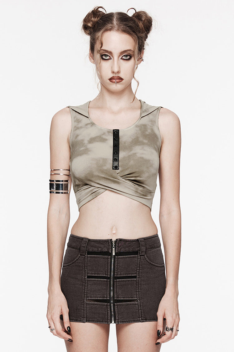 Black/Coffee Sleeveless Cutout Crossed Hooded Women's Punk Tank Top